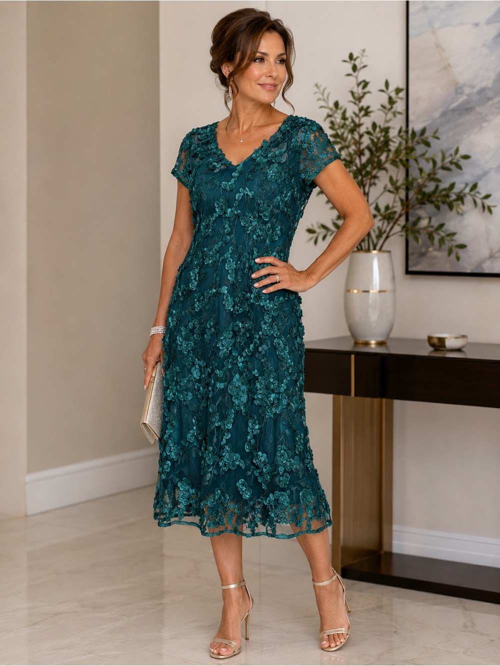 Oleg Cassini Teal Floral Lace V-Neck Midi Dress